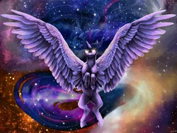 Size: 2000x1500 | Tagged: safe, artist:chasingthesilverstag, derpibooru import, twilight sparkle, twilight sparkle (alicorn), alicorn, pony, ethereal mane, female, floating, galaxy mane, glowing eyes, large wings, long mane, mare, solo, space, starry mane, stars, ultimate twilight, wings