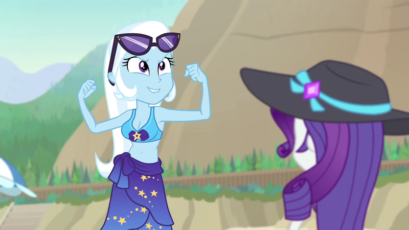 Size: 1920x1080 | Tagged: safe, derpibooru import, edit, edited screencap, editor:ah96, screencap, rarity, trixie, equestria girls, equestria girls series, forgotten friendship, beach, belly button, breast edit, breasts, busty trixie, cleavage, clothes, female, hat, lip bite, midriff, smiling, sun hat, sunglasses, swimsuit