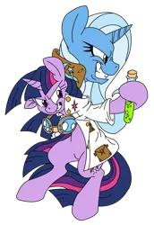 Size: 1024x1490 | Tagged: safe, artist:blah23z, derpibooru import, trixie, twilight sparkle, pony, female, lesbian, mad scientist, shipping, twixie