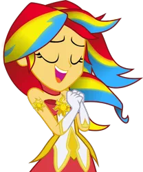 Size: 1197x1440 | Tagged: safe, artist:kimberlythehedgie, derpibooru import, sunset shimmer, equestria girls, armlet, bare shoulders, clothes, eyes closed, female, gloves, league of legends, rainbow power, rainbow power-ified, simple background, sleeveless, solo, soraka, star guardian, strapless, transparent background, vector