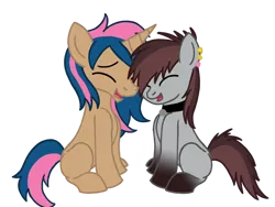 Size: 1280x960 | Tagged: safe, artist:showtimeandcoal, derpibooru import, oc, oc:crystal smile, oc:sadistic smile, unofficial characters only, earth pony, pony, unicorn, bond, collar, colt, commission, couple, cute, duo, ear piercing, earring, female, filly, jewelry, love, male, mare, piercing, ponysona, simple background, stallion, transparent background, ych result