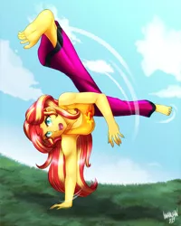 Size: 3600x4500 | Tagged: safe, artist:danmakuman, derpibooru import, sunset shimmer, human, equestria girls, absurd resolution, armpits, barefoot, capoeira, clothes, cloud, commission, cutie mark, cutie mark on clothes, feet, female, grass, humanized, martial arts, open mouth, pants, sky, solo, tanktop, training