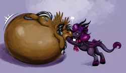 Size: 1280x744 | Tagged: suggestive, artist:featherhead, derpibooru import, oc, oc:akasa, oc:mortarboard, unofficial characters only, original species, pegasus, pony, abstract background, air inflation, belly, belly bed, belly expansion, belly inflation, big belly, clothes, duo, female, fetish, flower, flower in hair, glasses, growth, huge belly, impossibly large belly, inflation, kissing, male, puffkiss, puffy cheeks, scarf, spread wings, straight, unshorn fetlocks, wings