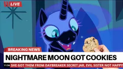 Size: 1280x720 | Tagged: alternate timeline, breaking news, cookie, cute, derpibooru import, edit, edited screencap, editor:end credicts, ethereal mane, fangs, food, hand, happy, helmet, implied daybreaker, meme, moonabetes, moonie snacks, nightmare moon, nightmare takeover timeline, safe, screencap, the cutie re-mark