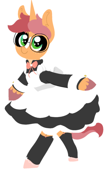 Size: 940x1480 | Tagged: safe, artist:nootaz, derpibooru import, oc, oc:game guard, pony, unicorn, bow, clothes, crossdressing, cute, dress, garters, glasses, looking at you, maid, smiling, socks, stockings, thigh highs