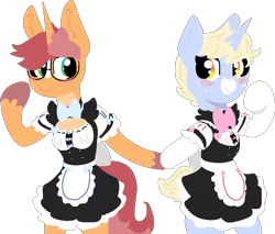 Size: 1032x879 | Tagged: safe, artist:nootaz, derpibooru import, oc, oc:game guard, oc:nootaz, pony, unicorn, apron, bow, clothes, crossdressing, dress, female, gametaz, glasses, holding hooves, looking at each other, maid, male, mare, smiling, stallion