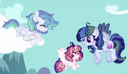 Size: 1024x592 | Tagged: safe, artist:moon-rose-rosie, derpibooru import, oc, oc:astral breeze, oc:celestial moon, oc:sparkle dash, unofficial characters only, alicorn, pegasus, pony, cloud, female, filly, flying, magical lesbian spawn, male, mare, offspring, parent:rainbow dash, parent:twilight sparkle, parents:twidash, siblings, sisters, stallion