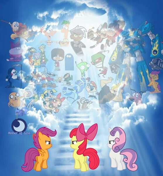 Size: 850x916 | Tagged: artist needed, safe, derpibooru import, apple bloom, scootaloo, sweetie belle, pony, aang, adventure time, avatar the last airbender, bloo (foster's), cartoon heaven, chowder, codename kids next door, courage the cowardly dog, cutie mark crusaders, danny phantom, dexter's laboratory, dipper pines, disney, ed edd n eddy, end of g4, end of ponies, ferb fletcher, finn the human, foster's home for imaginary friends, gravity falls, heaven, image, invader zim, jake the dog, johnny bravo, jpeg, mabel pines, mac (foster's), megas xlr, mordecai, mordecai and rigby, nickelodeon, phineas and ferb, phineas flynn, regular show, rigby, sad, self ponidox, the grim adventures of billy and mandy, the powerpuff girls