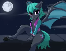 Size: 1800x1400 | Tagged: suggestive, artist:bajanic, derpibooru import, oc, oc:moondrive, anthro, bat pony, unguligrade anthro, bat pony oc, bat wings, bottomless, breasts, clothes, female, full moon, looking at you, mare in the moon, moon, partial nudity, solo, solo female, stars, vest, wings
