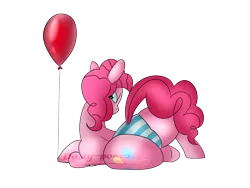 Size: 1792x1344 | Tagged: artist:flamelight-dash, balloon, balloonbutt, butt, clothes, collaboration, derpibooru import, flank, inflation, looking at you, lying down, panties, pinkie pie, side, simple background, striped underwear, suggestive, transparent background, underwear, watermark