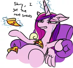 Size: 608x566 | Tagged: safe, artist:jargon scott, derpibooru import, princess cadance, alicorn, pony, armchair, armpits, female, food, glowing horn, horn, implied shining armor, levitation, magic, mare, meat, meat sweats, peetzer, pepperoni, pepperoni pizza, pizza, ponies eating meat, simple background, sitting, sweat, telekinesis, that pony sure does love pizza, white background