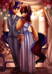 Size: 1748x2480 | Tagged: safe, artist:iblisart, derpibooru import, oc, oc:electric spark, oc:sweet voltage, unofficial characters only, anthro, plantigrade anthro, semi-anthro, unicorn, clothes, commission, dress, female, flower, formal, formal dress, gemini ties, gray eyes, male, marriage, oc x oc, pants, ranchtown, rose, shipping, siblings, suit, tuxedo, voltspark, wedding, wedding dress