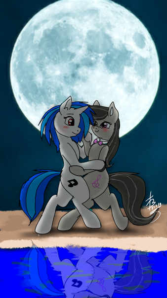 Size: 720x1280 | Tagged: safe, artist:theuzbee, derpibooru import, octavia melody, vinyl scratch, pony, bipedal, bowtie, cute, dancing, female, lesbian, moon, over the moon, request, scratchtavia, shipping, tango