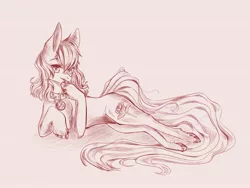 Size: 2560x1920 | Tagged: artist needed, safe, derpibooru import, roseluck, earth pony, pony, behaving like a cat, chest fluff, collar, digital art, fangs, female, fluffy, hoof fluff, licking, long tail, lying, lying down, mare, monochrome, pet tag, pony pet, rosepet, solo, tongue out, unshorn fetlocks