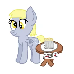 Size: 1600x1600 | Tagged: safe, artist:nightshadowmlp, derpibooru import, derpy hooves, pegasus, pony, derpy day, derpy day 2019, female, firealpaca, food, mare, muffin, plate, sign, simple background, table, text, white background