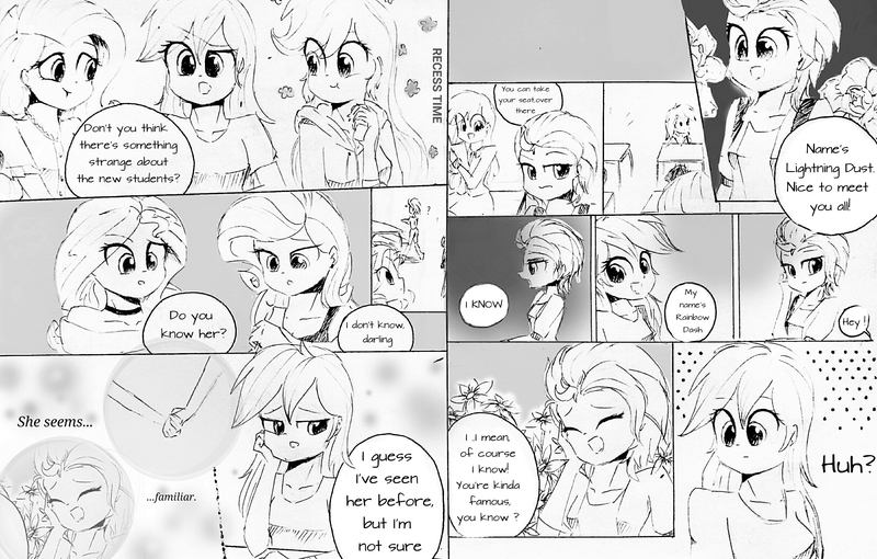 Size: 3213x2047 | Tagged: applejack, artist:liaaqila, cheerilee, class, classroom, clothes, comic, comic:the rainbooms, cross-popping veins, derpibooru import, eating, fluttershy, human, humanized, :i, lightning dust, monochrome, rainbow dash, rarity, recess, right to left, safe, school, shoes, sunset shimmer, traditional art