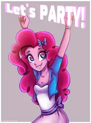 Size: 1018x1383 | Tagged: safe, artist:crazyrainbow0, derpibooru import, pinkie pie, human, equestria girls, breasts, cleavage, clothes, cute, diapinkes, female, skirt, smiling, solo, text