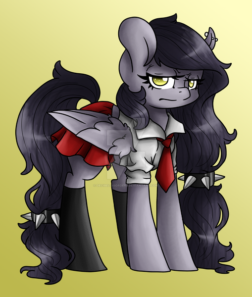 Size: 1024x1208 | Tagged: safe, artist:sk-ree, derpibooru import, oc, oc:errys, pegasus, pony, clothes, deviantart watermark, female, mare, obtrusive watermark, schoolgirl, simple background, solo, unamused, watermark, yellow background