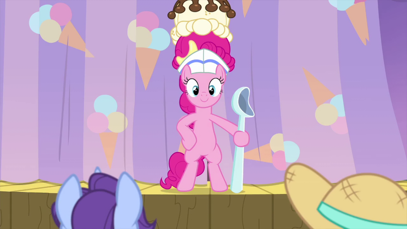 Size: 1280x720 | Tagged: safe, derpibooru import, screencap, pinkie pie, earth pony, pony, sundae sundae sundae, spoiler:interseason shorts, bipedal, curtains, female, hat, hooves on hips, mare, smiling, spoon