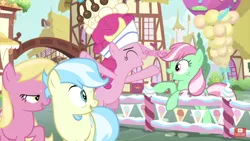 Size: 1334x750 | Tagged: safe, derpibooru import, screencap, cultivar, lily, lily valley, minty, pinkie pie, earth pony, pony, sundae sundae sundae, spoiler:interseason shorts, female, fence, g3, g3 to g4, g4, generation leap, hat, mare, official recolor, recolor, youtube, youtube link