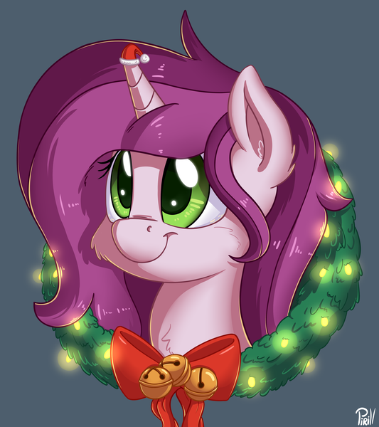 Size: 3000x3375 | Tagged: safe, artist:pirill, derpibooru import, oc, oc:lilac prose, unofficial characters only, pony, unicorn, bells, bow, bust, christmas, christmas lights, female, hat, holiday, portrait, santa hat, simple background, smiling, solo, wreath