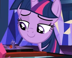 Size: 1125x902 | Tagged: safe, derpibooru import, screencap, twilight sparkle, twilight sparkle (alicorn), alicorn, pony, uncommon bond, board game, close-up, cropped, dragon pit, female, lidded eyes, looking at something, smiling, solo