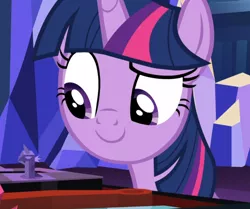 Size: 1058x886 | Tagged: safe, derpibooru import, screencap, twilight sparkle, twilight sparkle (alicorn), alicorn, pony, uncommon bond, board game, close-up, cropped, dragon pit, female, looking at something, raised eyebrow, smiling, solo