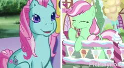 Size: 1142x632 | Tagged: safe, derpibooru import, edit, edited screencap, screencap, minty, earth pony, pony, sundae sundae sundae, spoiler:interseason shorts, comparison, cropped, female, fence, g3, g3 to g4, g4, generation leap, mare