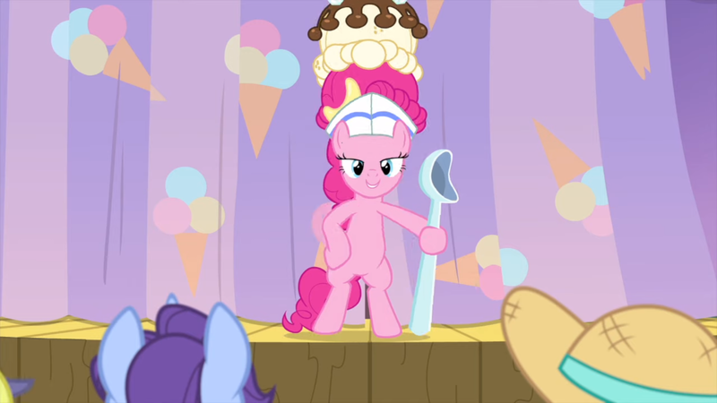 Size: 1920x1080 | Tagged: safe, derpibooru import, screencap, pinkie pie, earth pony, pony, sundae sundae sundae, spoiler:interseason shorts, bipedal, dexterous hooves, female, hat, hoof hold, human pose, mare, solo focus, spoon