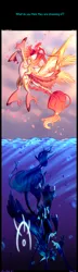 Size: 1280x4460 | Tagged: safe, artist:astralmelodia, deleted from derpibooru, derpibooru import, princess celestia, princess luna, alicorn, pony, comic:era of night, alternate universe, bubble, cloud, ocean, tendrils, text, underwater