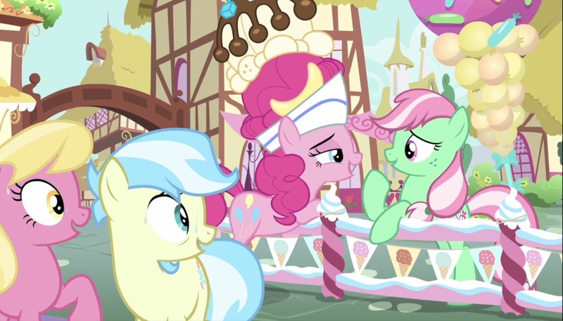 Size: 1973x1124 | Tagged: safe, derpibooru import, screencap, lily, lily valley, minty, pinkie pie, earth pony, pony, sundae sundae sundae, spoiler:interseason shorts, female, fence, food, g3, g3 to g4, g4, generation leap, hat, ice cream, mare, ponyville, sundae, sweat