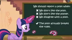 Size: 1920x1079 | Tagged: alicorn, chalk, chalkboard, derpibooru import, edit, edited screencap, facebook, magic, meme, meta, rules, safe, screencap, stairs, testing testing 1-2-3, text, twilight sparkle, twilight sparkle (alicorn)