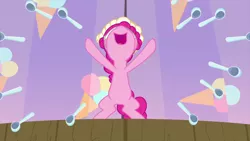 Size: 1280x720 | Tagged: safe, derpibooru import, screencap, pinkie pie, earth pony, pony, sundae sundae sundae, spoiler:interseason shorts, bipedal, female, food, happy, hat, ice cream, mare, nose in the air, solo, spoon, spoony bard