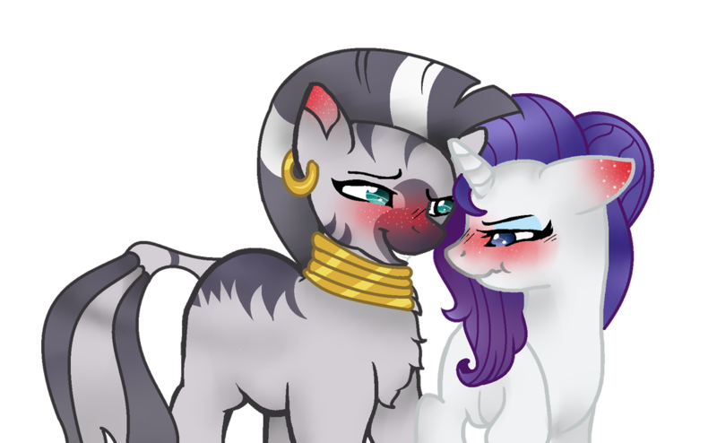 Size: 1024x632 | Tagged: safe, artist:chaoscy, derpibooru import, rarity, zecora, pony, unicorn, zebra, alternate hairstyle, bedroom eyes, blushing, chest fluff, ear piercing, earring, eyeshadow, female, freckles, interspecies, jewelry, lesbian, makeup, mare, missing cutie mark, neck rings, piercing, quadrupedal, raricora, shipping, simple background, transparent background, tsundere
