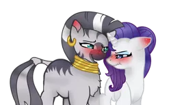 Size: 1024x632 | Tagged: safe, artist:chaoscy, derpibooru import, rarity, zecora, pony, unicorn, zebra, alternate hairstyle, bedroom eyes, blushing, chest fluff, ear piercing, earring, eyeshadow, female, freckles, interspecies, jewelry, lesbian, makeup, mare, missing cutie mark, neck rings, piercing, quadrupedal, raricora, shipping, simple background, transparent background, tsundere