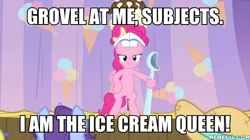 Size: 600x337 | Tagged: safe, derpibooru import, edit, edited screencap, screencap, november rain, pinkie pie, earth pony, pony, sundae sundae sundae, spoiler:interseason shorts, bipedal, caption, female, friendship student, hat, image macro, impact font, mare, spoon, text