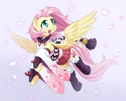 Size: 1280x1028 | Tagged: safe, artist:dstears, derpibooru import, fluttershy, pegasus, pony, boots, clothes, crossover, female, flower petals, flying, game, gradient background, head turn, honkai impact 3rd, looking at something, looking up, mare, miko, miniskirt, mobile game, open mouth, petals, plaid skirt, pleated skirt, shoes, skirt, smiling, socks, solo, spread wings, thigh highs, wings, yae sakura