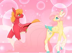 Size: 1280x940 | Tagged: safe, artist:geekyshittydrawer, derpibooru import, big macintosh, fluttershy, earth pony, pegasus, pony, abstract background, alternate cutie mark, alternate design, bubble, cloven hooves, colored hooves, colored pupils, colored wings, feathered fetlocks, female, fluttermac, freckles, huge tail, looking at each other, male, mare, shipping, shoulder freckles, socks (coat marking), stallion, straight, tail feathers, wavy mouth, wings