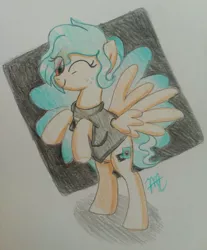 Size: 1224x1481 | Tagged: safe, artist:prinrue, derpibooru import, oc, oc:snap happy, unofficial characters only, pegasus, pony, clothes, female, freckles, mare, one eye closed, raised hoof, rearing, shirt, solo, t-shirt, traditional art, wink