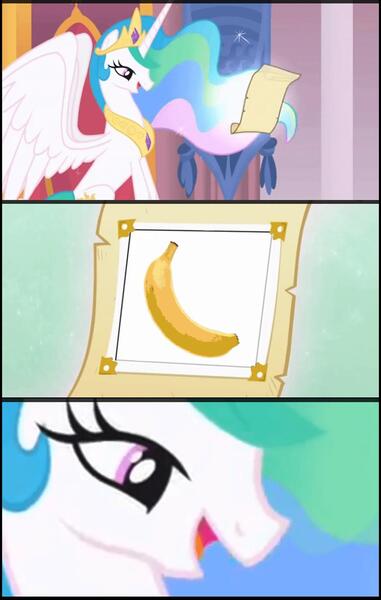 Size: 800x1259 | Tagged: safe, derpibooru import, edit, edited screencap, screencap, princess celestia, pony, banana, bananalestia, food, intro, meme