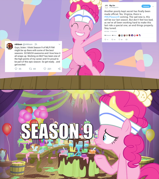 Size: 1280x1440 | Tagged: bipedal, derpibooru import, edit, edited screencap, end of ponies, meta, op isn't even trying anymore, pinkie pie, safe, screencap, season 9, spoiler:interseason shorts, spoiler:s09, sundae sundae sundae, twitter