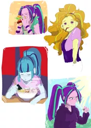 Size: 2894x4093 | Tagged: safe, artist:amazingpuffhair, derpibooru import, adagio dazzle, aria blaze, sonata dusk, equestria girls, equestria girls series, adoragio, ariabetes, blushing, burger, chopsticks, cute, eating, eyes closed, food, hamburger, japanese food, no pupils, noodles, pocky, popsicle, ramen, sonatabetes, the dazzlings, tongue out