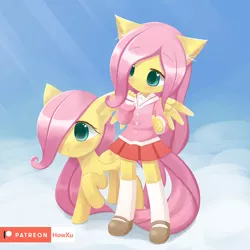 Size: 1000x1000 | Tagged: safe, artist:howxu, derpibooru import, fluttershy, anthro, pegasus, pony, :o, anthro ponidox, anthro with ponies, blushing, clothes, cloud, crepuscular rays, cute, ear fluff, female, filly, filly fluttershy, hnnng, looking at something, mare, mary janes, miniskirt, open mouth, patreon, patreon logo, pleated skirt, raised hoof, school uniform, schoolgirl, self ponidox, shoes, shyabetes, skirt, sky, socks, spread wings, weapons-grade cute, wings, younger