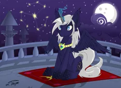 Size: 1485x1080 | Tagged: safe, artist:fakkom, derpibooru import, oc, oc:black tear, unofficial characters only, alicorn, pony, alicorn oc, commission, constellation, horn, moon, rug, sitting, slit eyes, sparkles, spread wings, stars, tower, wings