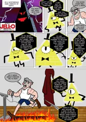 Size: 800x1133 | Tagged: artist:imbriaart, bill cipher, clothes, comic, comic:magic princess war, crossover, derpibooru import, fire, gravity falls, grunkle stan, human, safe, treadmill