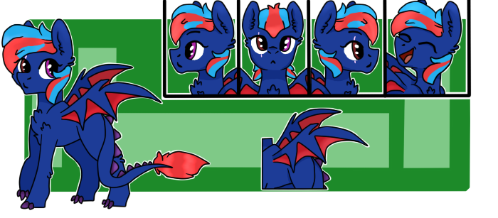 Size: 700x307 | Tagged: safe, artist:shimale, derpibooru import, oc, oc:centreus feathers, dracony, dragon, hybrid, original species, pegasus, pony, chest fluff, commission, cute, dragon hybrid, dragon wings, emotions, eye scar, female, heterochromia, hoofclaw, mare, reference sheet, scar, simple background, smiling, solo, standing, wings, ych result