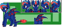 Size: 700x307 | Tagged: safe, artist:shimale, derpibooru import, oc, oc:centreus feathers, dracony, dragon, hybrid, original species, pegasus, pony, chest fluff, commission, cute, dragon hybrid, dragon wings, emotions, eye scar, female, heterochromia, hoofclaw, mare, reference sheet, scar, simple background, smiling, solo, standing, wings, ych result
