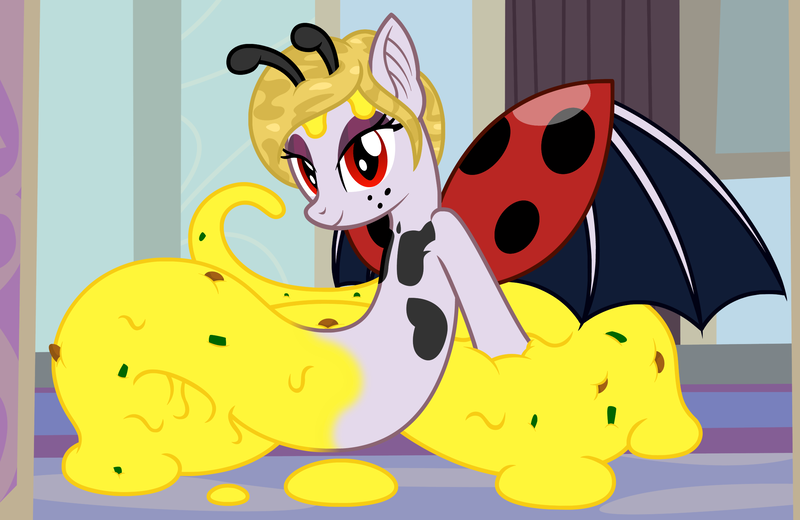 Size: 2352x1528 | Tagged: safe, artist:badumsquish, derpibooru import, oc, oc:lygophobos, ponified, unofficial characters only, bat pony, bug pony, food pony, goo, goo pony, hybrid, insect, lamia, monster pony, original species, pony, abomination, antennae, bat wings, cheese, chiroptophobia, coccinellidaephobia, food, freckles, lidded eyes, looking at you, melting, ophidiophobia, pure unfiltered evil, quesadilla, red eyes, sitting, solo, spots, they're just so cheesy, turophobia, twilight hates ladybugs, twilight's worst nightmare, what has science done, where is your god now?, wings