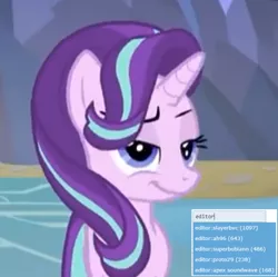 Size: 1084x1080 | Tagged: safe, derpibooru import, edit, edited screencap, editor:apex soundwave, screencap, starlight glimmer, pony, derpibooru, context is for the weak, female, glimmerposting, mare, meme, meta, milestone, needs more jpeg, shitposting, smug, smuglight glimmer, solo, tags, top 5