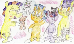 Size: 2454x1484 | Tagged: safe, artist:ptitemouette, derpibooru import, oc, oc:chili pepper, oc:harry trotter, oc:magic spoon, oc:starry spice, pony, brothers, family, father and child, father and son, kitten, male, offspring, parent:hoo'far, parent:oc:chili pepper, parent:oc:harry trotter, parent:saffron masala, parent:starlight glimmer, parent:sunburst, parents:saf'far, parents:starburst, siblings